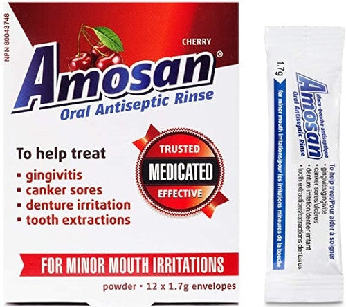 Amosan - Rinçage antiseptique oral - Cerise | 12 enveloppes de 1,7 g