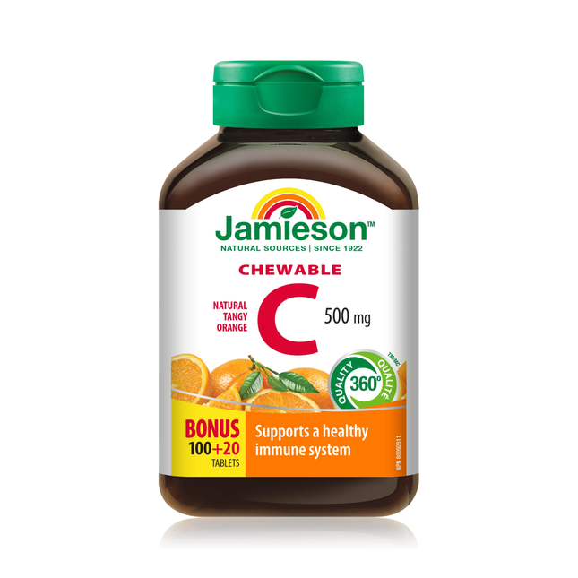 Jamieson - Vitamine C à croquer 500 mg - Orange piquante naturelle | 120 comprimés
