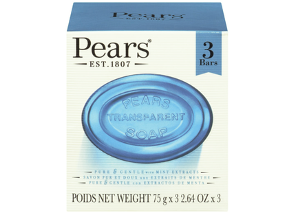 Pears - Transparent Pure & Gentle Soap Bars - with Mint Extracts | 3 Bars X 75 g