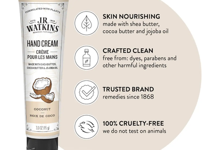 J.R. Watkins - Crème pour les mains au beurre de karité, au beurre de cacao et à l'huile de jojoba - Noix de coco | 95 g