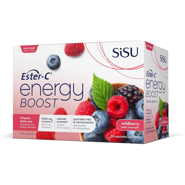 Sisu - Ester-C Energy Boost - Mélange pour boisson vitaminée quotidienne - Saveur de baies sauvages | 8 gx 30 Sachets*