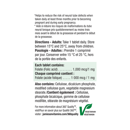 Jamieson - Acide folique 1000 mcg | 100 comprimés