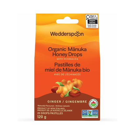Wedderspoon - Organic Manuka Honey Drops, Ginger with Echinacea | 120 g