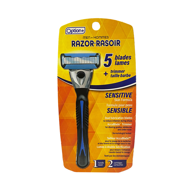 Rasoir Option+ 5 lames, formule peaux sensibles | 2 cartouches + 1 rasoir