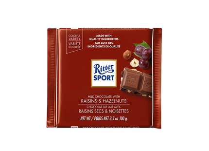 Ritter Sport - Barre de chocolat au lait avec raisins secs et noisettes | 100g