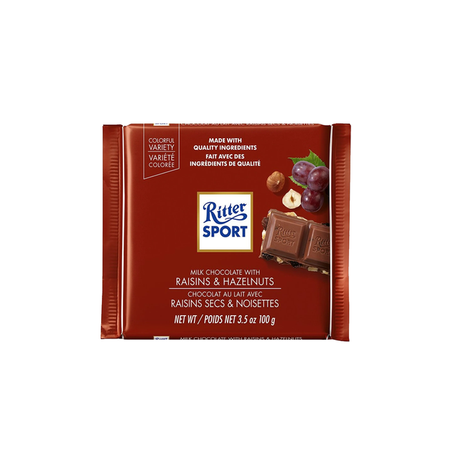Ritter Sport - Barre de chocolat au lait avec raisins secs et noisettes | 100g