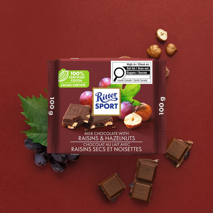 Ritter Sport - Barre de chocolat au lait avec raisins secs et noisettes | 100g