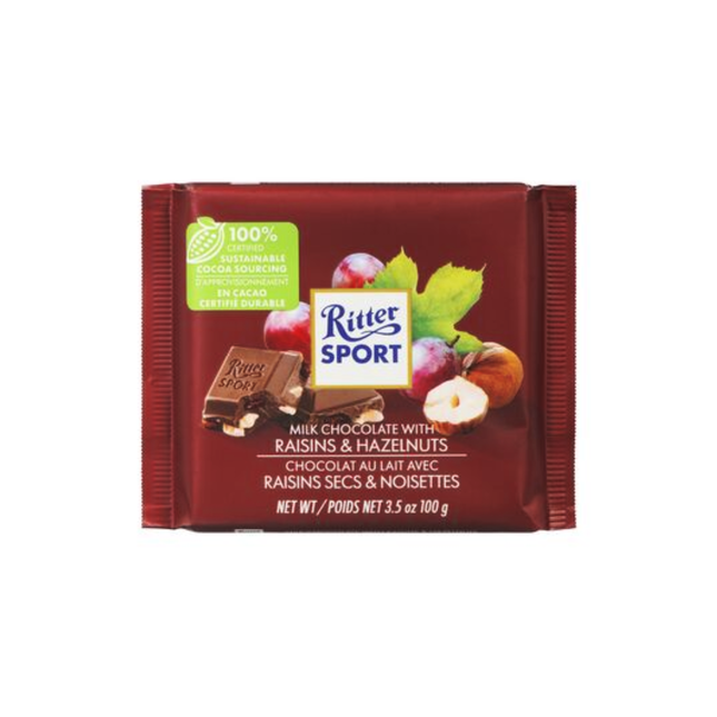 Ritter Sport - Barre de chocolat au lait avec raisins secs et noisettes | 100g