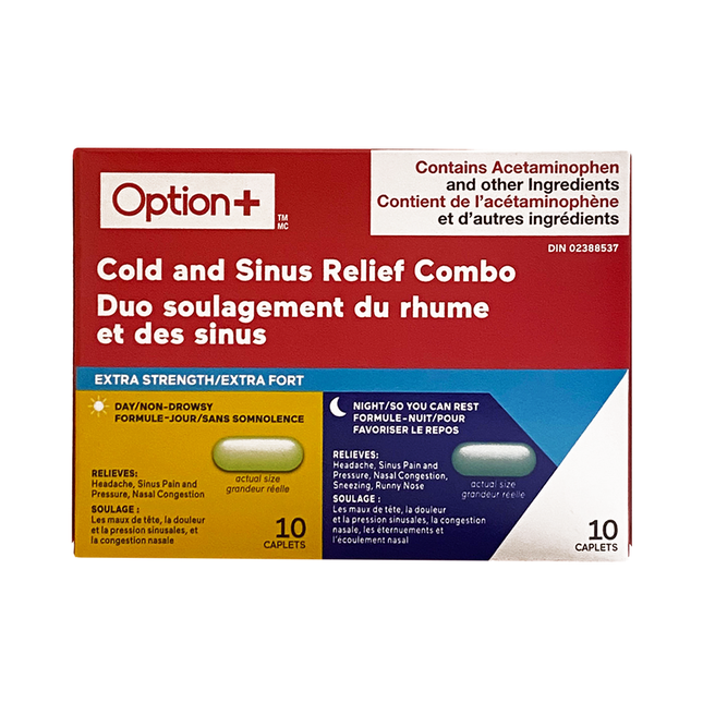 Option+ Extra Strength Cold & Sinus Relief Combo | 10 Daytime + 10 Nighttime Caplets