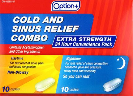 Option+ Extra Strength Cold & Sinus Relief Combo | 10 Daytime + 10 Nighttime Caplets