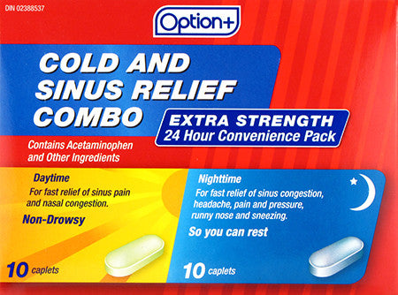 Option+ Extra Strength Cold & Sinus Relief Combo | 10 Daytime + 10 Nighttime Caplets