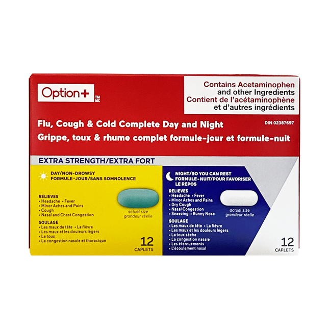 Option+ Flu, Cough & Cold Complete Day & Night Relief | 12 Daytime + 12 Nighttime Caplets