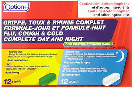 Option+ Grippe, Toux et Rhume Soulagement complet jour et nuit | 12 caplets de jour + 12 caplets de nuit