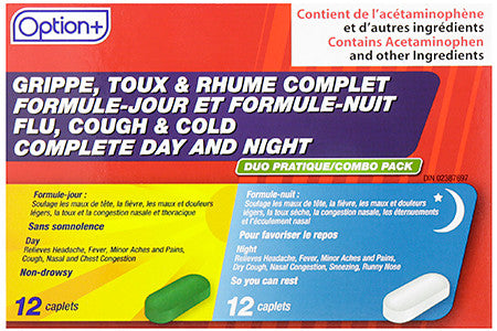 Option+ Grippe, Toux et Rhume Soulagement complet jour et nuit | 12 caplets de jour + 12 caplets de nuit