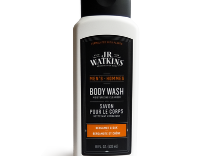 JR Watkins - Gel douche pour hommes avec nettoyant hydratant, parfum de bergamote et de chêne | 532 ml