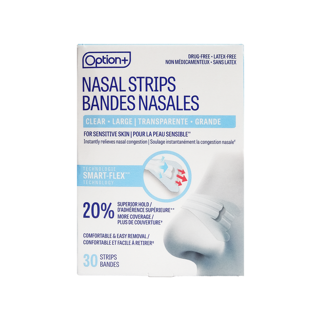 Bandelettes nasales transparentes Option+ pour peaux sensibles - Grande | 30 bandes