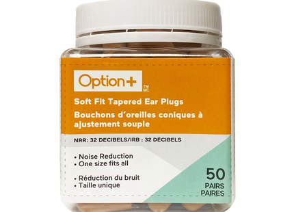 Option+ Soft Fit Tapered Ear Plugs | 50 Pairs