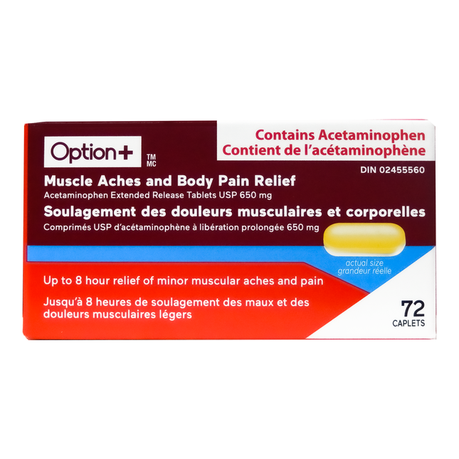 Option+ Douleurs musculaires et comprimés corporels - 650 mg | 72 caplets