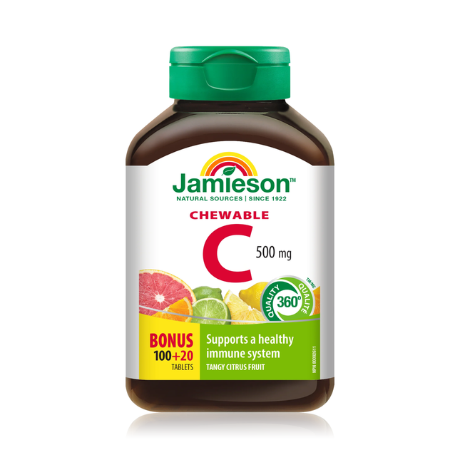 Jamieson - Vitamine C à croquer 500 mg - Agrumes acidulés | 120 comprimés