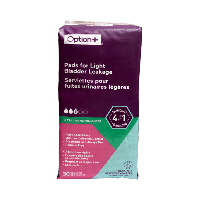 Option+ Ultra Thin 4IN1 Liners For Light Bladder Leakage | 30 Regular Pads