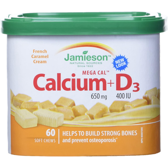 Jamieson - Mega Cal Calcium + D3 650mg &amp; 400UI - Crème Caramel Français | 60 bouchées molles
