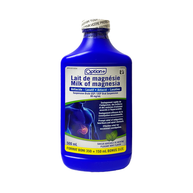 Option+ Lait de Magnésie Antiacide/Laxatif | 500 ml