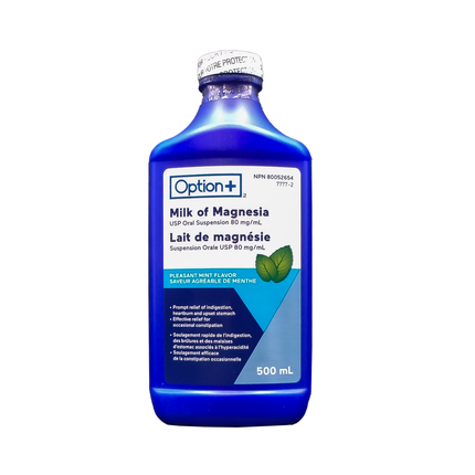 Option+ Lait de magnésie Antiacide et Laxatif | 500 ml