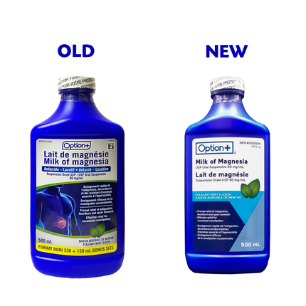 Option+ Lait de magnésie Antiacide et Laxatif | 500 ml