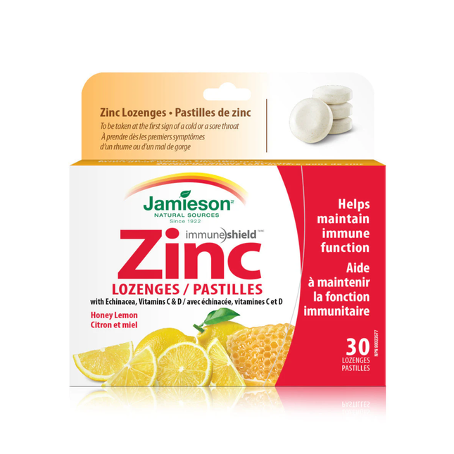 Jamieson - Zinc Lozenges With Echinacea, Vitamins C & D - Honey Lemon |  30 Lozenges