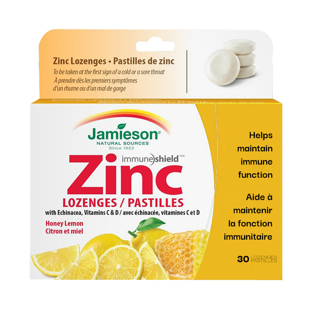 Jamieson - Pastilles de zinc avec échinacée, vitamines C et D - Miel Citron | 30 pastilles