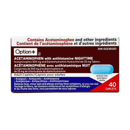 Option+ Acétaminophène avec antihistaminique Nuit | 40 comprimés