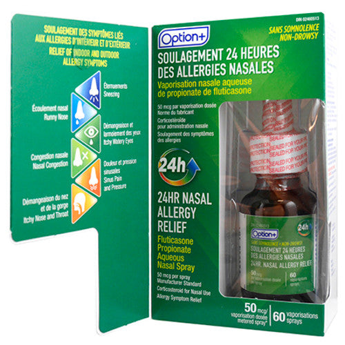 Option+ - Fluticasone Propionate Aqueous Solution 24hr Nasal Allergy Relief - Non Drowsy | 50 mcg X 60 Sprays