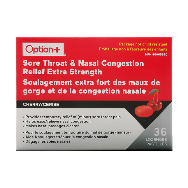 Option+ Sore Throat & Nasal Congestion Relief Extra Strength, Cherry | 36 Lozenges