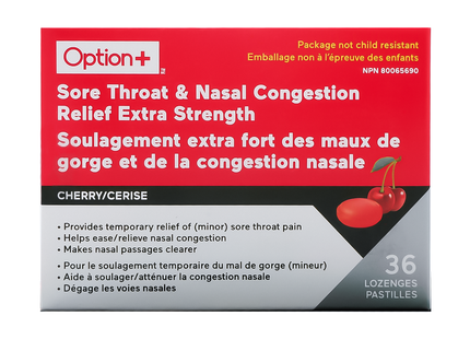 Option+ Soulagement extra fort maux de gorge et congestion nasale, cerise | 36 pastilles