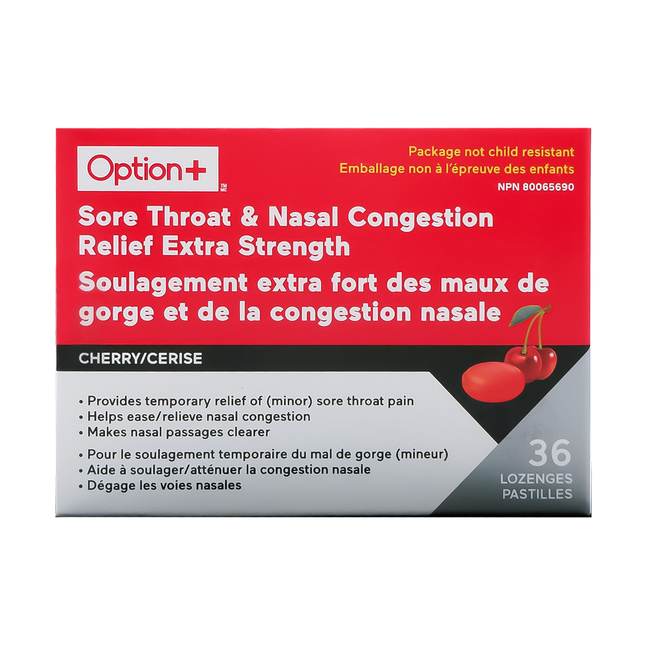 Option+ Sore Throat & Nasal Congestion Relief Extra Strength, Cherry | 36 Lozenges