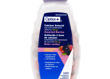 Option+ Extra Strength Calcium Antacid Supplement - Assorted Berries | 100 Chewable Tablets