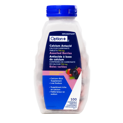 Option+ Antiacide au calcium extra fort, saveur baies assorties | 100 comprimés à croquer