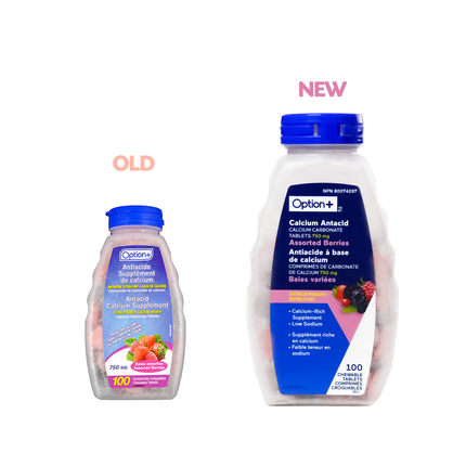 Option+ Antiacide au calcium extra fort, saveur baies assorties | 100 comprimés à croquer