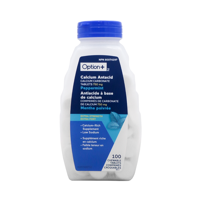Option+ Calcium Antacid Extra Strength, Peppermint | 100 Chewable Tablets