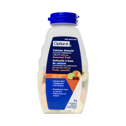 Option+ Antiacide Calcium Ultra Fort, Fruits assortis | 72 comprimés à croquer