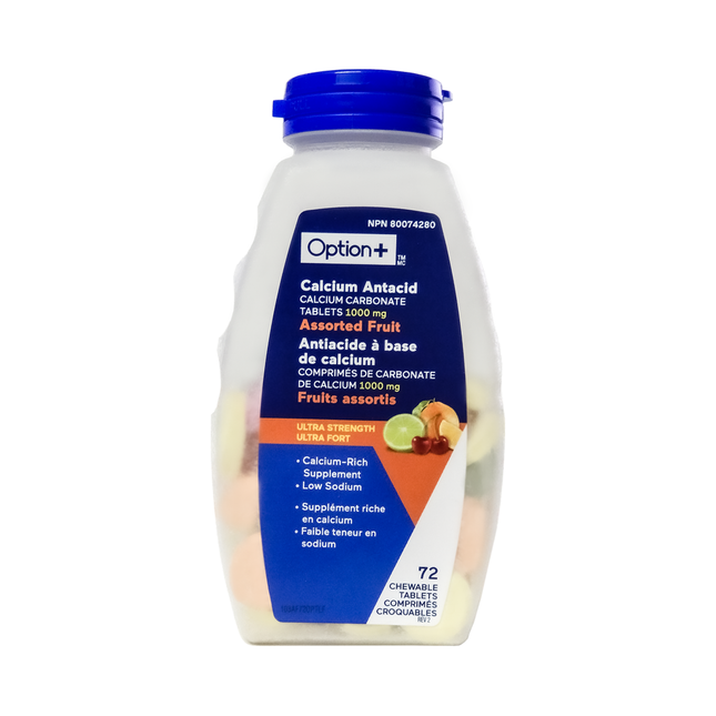 Supplément de calcium antiacide ultra fort Option+ - Fruits assortis | 72 comprimés à croquer