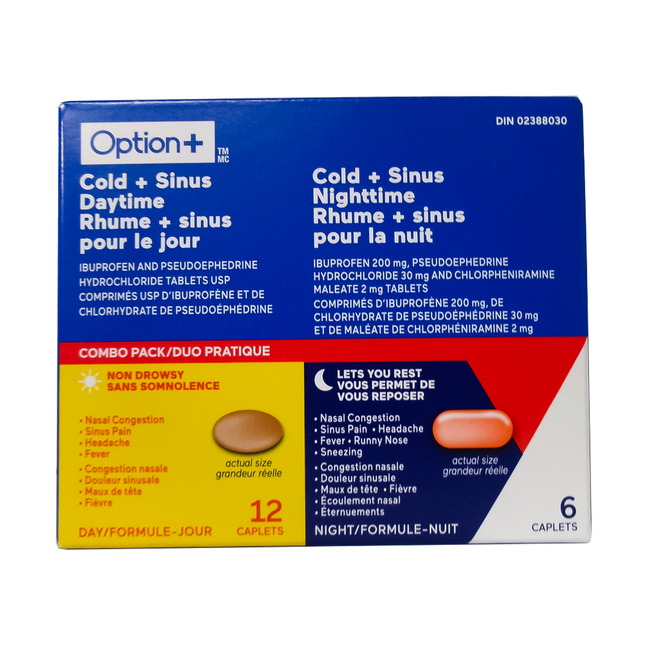 Option+ Cold & Sinus Daytime & Nighttime Relief | 12 Daytime + 6 Nighttime Caplets