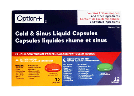 Option+ Capsules liquides pour rhume et sinus | 12 gélules jour + 12 gélules nuit