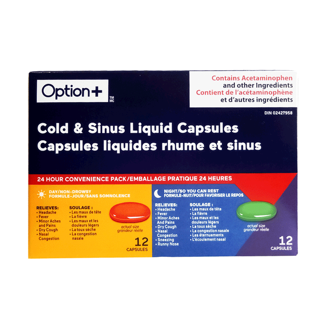 Option+ Capsules liquides pour rhume et sinus | 12 gélules jour + 12 gélules nuit