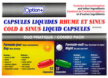 Option+ - Cold & Sinus Liquid Capsules | 12 Daytime + 12 Nighttime Capsules