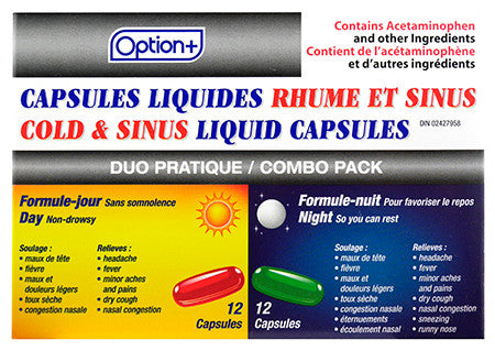 Option + - Cold & Sinus Liquid Capsules - Combo Pack | 12 Daytime + 12 Nighttime Capsules
