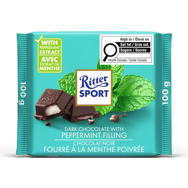 Ritter Sport - Barre de chocolat noir fourrée à la menthe poivrée | 100g