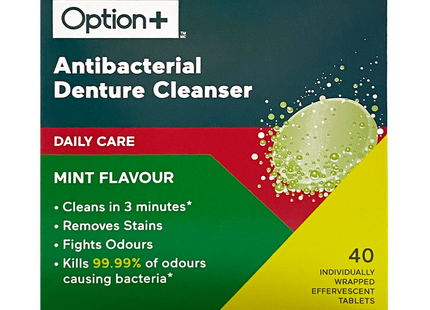 Option+ Nettoyant antibactérien pour prothèses dentaires, saveur menthe | 40 comprimés effervescents