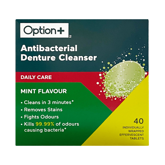 Option+ Antibacterial Denture Cleanser, Mint Flavour| 40 Effervescent Tablets