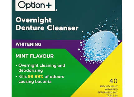 Option+ Nettoyant blanchissant pour prothèses dentaires de nuit, saveur menthe | 40 comprimés effervescents